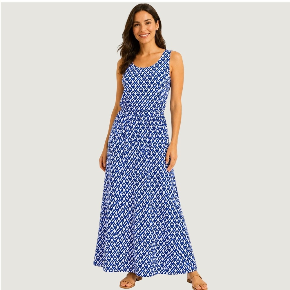 Brooks Brothers Maxi Dress Women M Blue White Geometric Diamond Sleeveless